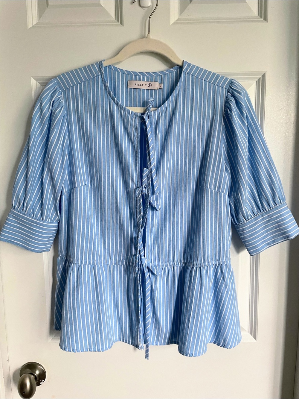 Billy T Light Blue Striped Tie-Front Peplum Blouse